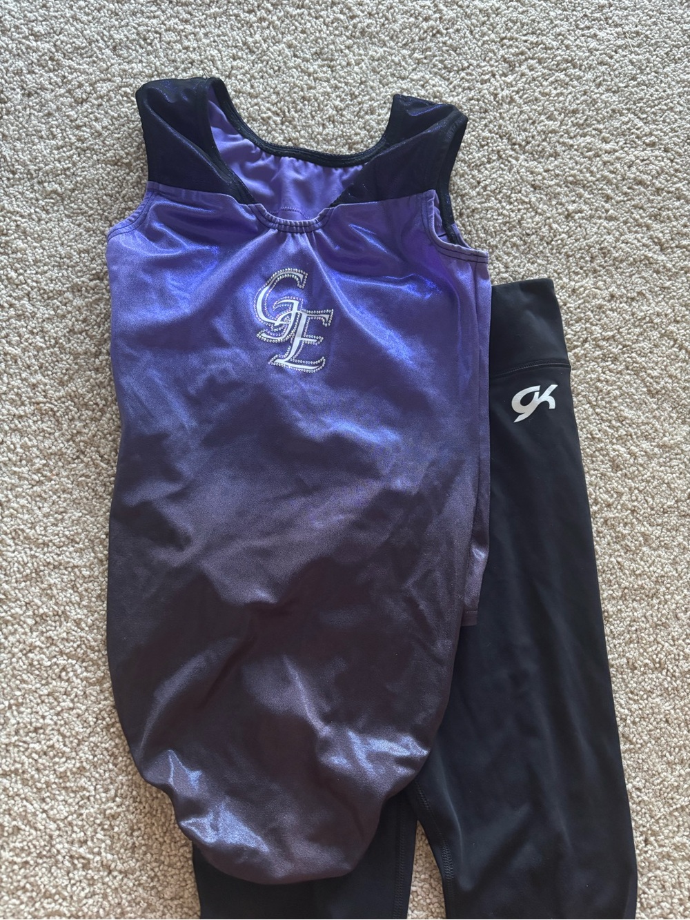 GK Purple and Black Girls Gymnastics Leotard with Black Leggings